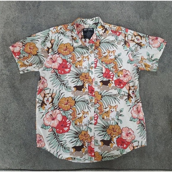 Hot Topic Tops - NICE Corgi Hawaiian Hot Topic Shirt ~ Button Up Short Sleeve Aloha Dog Size L